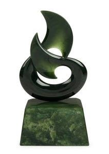 NEIL D. BROWN carved New Zealand greenstone sculpture, housed in original timber case with accompanying paperwork, 20th century, ​​​​​​​19.5cm high