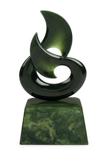 NEIL D. BROWN carved New Zealand greenstone sculpture, housed in original timber case with accompanying paperwork, 20th century, 19.5cm high