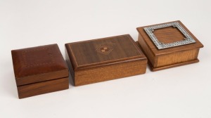 Queensland maple and chrome cribbage scoreboard box, together with two Australian timber boxes, 20th century, (3 items), ​​​​​​​the largest 17cm wide
