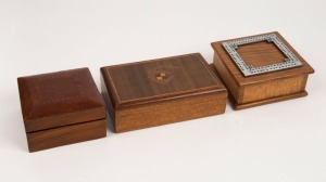 Queensland maple and chrome cribbage scoreboard box, together with two Australian timber boxes, 20th century, (3 items), the largest 17cm wide