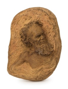 WILLIAM RICKETTS pottery wall plaque with Aboriginal elder, with accompanying publication "A Living Voice Of The Bush", incised "Wm. Ricketts", 30cm high