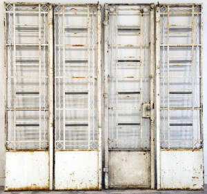 Two pairs of French wrought iron gates, early 20th century with rustic white painted finish. Height 225cm, width 115cm