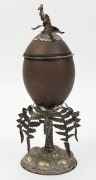 An antique Australian silver plated emu egg cup and cover adorned with fern fronds and kangaroo finial, interior handsomely gilded, 19th century, ​​​​​​​27.5cm high - 2