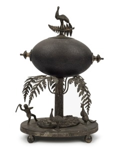 An antique Australian silver plated emu egg ornament with emus, kangaroo and Aboriginal figure, 19th century, 29cm high