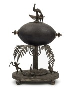 An antique Australian silver plated emu egg ornament with emus, kangaroo and Aboriginal figure, 19th century, 29cm high