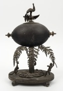 An antique Australian silver plated emu egg ornament with emus, kangaroo and Aboriginal figure, 19th century, 29cm high - 2