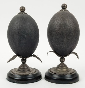 A pair of antique Australian silver plated emu egg ornaments, 19th century, 21cm high