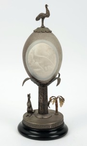 An antique Australian silver plated emu egg ornament with kangaroo decoration and emu finial, 19th century, 27cm high