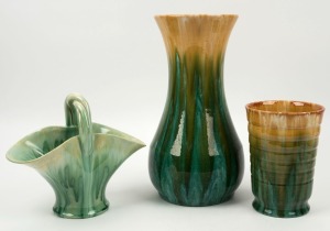 JOHN CAMPBELL two green and yellow pottery vases, together with a REMUED green glazed pottery basket vase, (3 items), the largest 34cm high