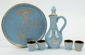 MARTIN BOYD blue pottery sake set with hand-painted gilt decoration, comprising a sake pot with stopper, tray and four cups, (6 items), incised "Martin Boyd", the tray 21cm diameter