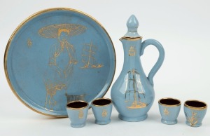 MARTIN BOYD blue pottery sake set with hand-painted gilt decoration, comprising a sake pot with stopper, tray and four cups, (6 items), incised "Martin Boyd", ​​​​​​​the tray 21cm diameter