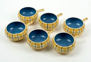 MARTIN BOYD set of six pottery ramekins, incised "D.B. Martin Boyd, Australia, D, Yellow Plaid", 6cm high, 13cm wide