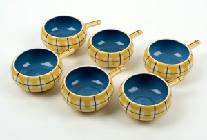 MARTIN BOYD set of six pottery ramekins, incised "D.B. Martin Boyd, Australia, D, Yellow Plaid", ​​​​​​​6cm high, 13cm wide