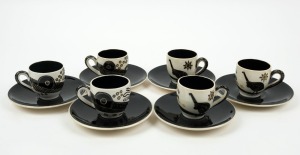 MARTIN BOYD set of six pottery coffee cups and saucers with hand-painted Aboriginal motifs, (12 items), incised "Martin Boyd, Australia", the saucers13.5cm diameter