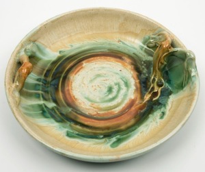 REMUED pottery bowl with applied branches, glazed in green and orange, incised "Remued, 24/11", 6.5cm high, 28cm diameter