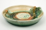 REMUED&nbsp;pottery bowl with applied branches, glazed in green and orange, incised "Remued, 24/11", 6.5cm high, 28cm diameter - 2