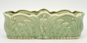 GREENWAY green glazed pottery flower trough, impressed factory mark to base, 15cm high, 46cm wide