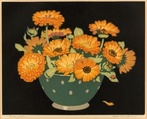 JOHN HALL THORPE (1874-1947), Marigolds, screen print, signed and titled in pencil in the lower margin, 24.5 x 30cm, 45 x 48cm overall