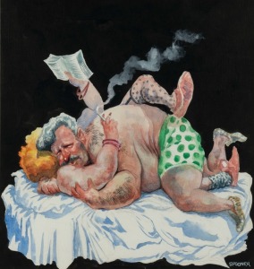 JOHN SPOONER (1946 - ), A Fine Romance (published Tempo, 3rd of June, 1972), watercolour, signed lower right, "Spooner", titled verso, 24 x 22cm, 41 x 38cm overall