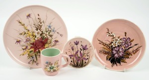 GUY BOYD pink floral pottery plate, dish and mug, together with an ISOBEL pink floral pottery plate, (4 items), the largest plate 24cm diameter