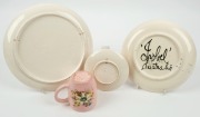 GUY BOYD pink floral pottery plate, dish and mug, together with an ISOBEL pink floral pottery plate, (4 items), the largest plate 24cm diameter - 2