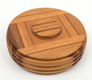 SOUVENIR OF NEW ZEALAND TIMBERS lidded parquetry bowl, 20th century, bearing two paper labels with timber descriptions, 20cm diameter