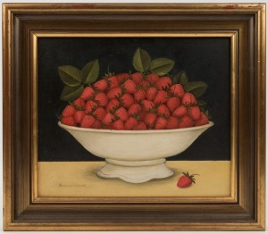 FRANCES JONES (1923-1999), (bowl of strawberries), oil on board, signed lower left "Frances Jones", ​​​​​​​25 x 30cm, 34 x 40cm overall