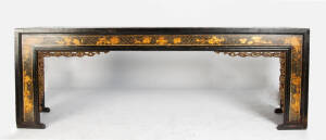 Chinese alter table. Black lacquer with hand painted frieze & carved decoration. Height 90cm, width 260cm, depth 51cm
