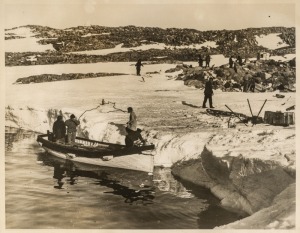 THE B.A.N.Z. ANTARCTIC EXPEDITION:Official original photograph by Captain Frank Hurley:Image B32 - Title: Mawson Revisits Former Winter Quarters,with official "MAWSON ANTARCTIC EXPEDITION" handstamp and release date "TUESDAY JUN. 2, 1931" verso, together 