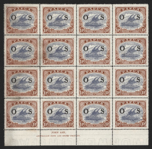 PAPUA: 1929-30 (SG.112) 3d Cooke Printing black & bright blue-green optd 'AIR MAIL' marginal blk.10, each stamp cancelled SAMARAI '19SEP30'; also 1931-32 1½d bright blue & bright brown opt. 'OS' (SG.O57) Ash Imprint blk.16 mint, the eight left side units 