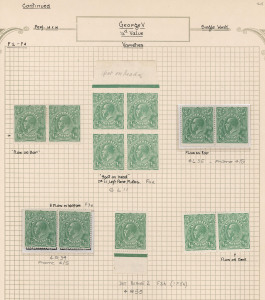 KGV Heads - Single Watermark: ½d Green: study on annotated pages including singles, blocks, pairs and a strip, examples with Watermark Inverted and many Plate varieties (some noted as per BW) with several combining Inverted wmk + plate flaws; shades, posi