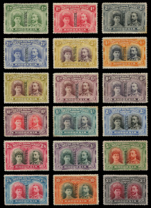 Rhodesia: 1910-13 (between SG.119s and 185s) ½d to £1 Double Heads overprinted 'SPECIMEN' (Samuel Type R7), 7/6d nibbed perfs, overall lovely bright colours and generally very fine and fresh mint, Cat. £3750. A lovely assembly. (18).   