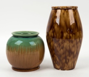 BENDIGO POTTERY brown and green glazed vases, (2 items), 21cm and 12cm high