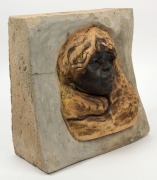 WILLIAM RICKETTS pottery Aboriginal face plaque, mounted in later concrete surround for garden mounting, 26cm high, 34cm high overall - 2