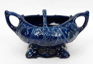 HARVEY SCHOOL blue glazed pottery soup tureen and ladle, A/F. monogram mark to base (illegible), 18cm high, 35cm wide