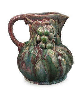 ALISON DAVIDSON hand-built pottery jug with applied grapes and leaves, incised "Alison Davidson", ​​​​​​​19.5cm high