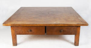 COFFEE TABLE: French fruitwood 2 drawer parquetry top table with peg joints.159 x 150 x 45cm