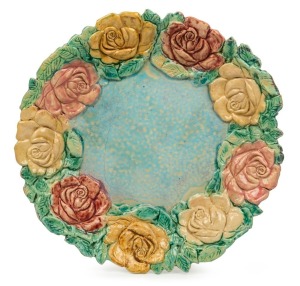 UNA DEERBON pottery platter with rose decoration, incised "Deerbon", 35.5cm wide