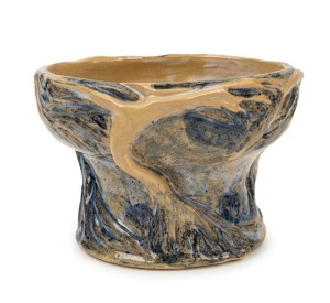 MERRIC BOYD pottery vase with windswept tree in landscape, incised "Merric Boyd 1945", 14cm high, 20cm wide