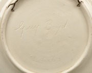 GUY BOYD Waratah&nbsp;hand-painted pottery wall plaque, incised "Guy Boyd, Australia", ​​​​​​​23.5cm diameter - 2