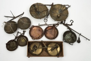 GOLD SCALES group of six antique hand-held examples, 19th century, ​​​​​​​the largest 33cm wide