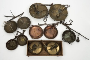 GOLD SCALES group of six antique hand-held examples, 19th century, the largest 33cm wide