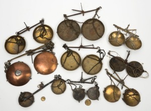 GOLD SCALES group of nine antique hand-held examples, 19th century, the largest 33cm wide