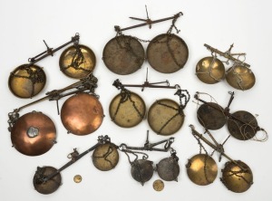 GOLD SCALES group of nine antique hand-held examples, 19th century, ​​​​​​​the largest 33cm wide