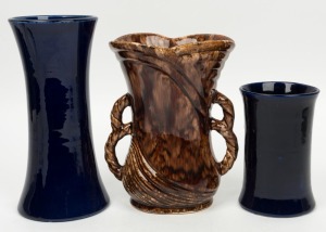 BENDIGO POTTERY brown glaze pottery vase, together with two blue glaze pottery vases, plus a brown glazed pottery teapot (4 items), the largest 25cm high