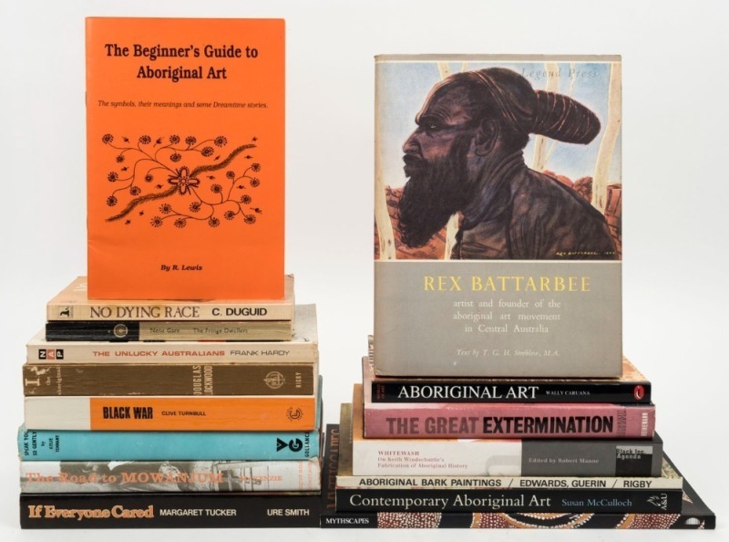 ABORIGINAL INTEREST. A range of books including "Rex Battarbee...with text by Strehlow", signed and dated by Battarbee in 1957; "Speak you so gently" by Tennant; "The Road to Mowanjum" by McKenzie; plus 13 others. (16).