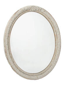 MIRROR: Gray finished oval frame with decorative mouldings & bevelled glass, 20th century. 98 x 87cm