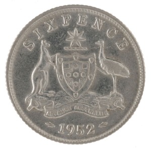 Coins - Australia: Sixpence: George VI, 1952, aUnc.