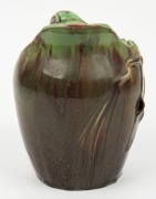 REMUED pottery jug with applied gum leaves and branch handle, glazed in green and brown with a blush of pink, incised "Remued", 17.5cm high - 2