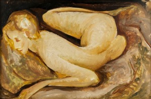 WILLIAM (BILL) COLEMAN (1922-1993), (reclining nude), oil on board,&nbsp; 30 x 45cm, 69 x 80cm overall
